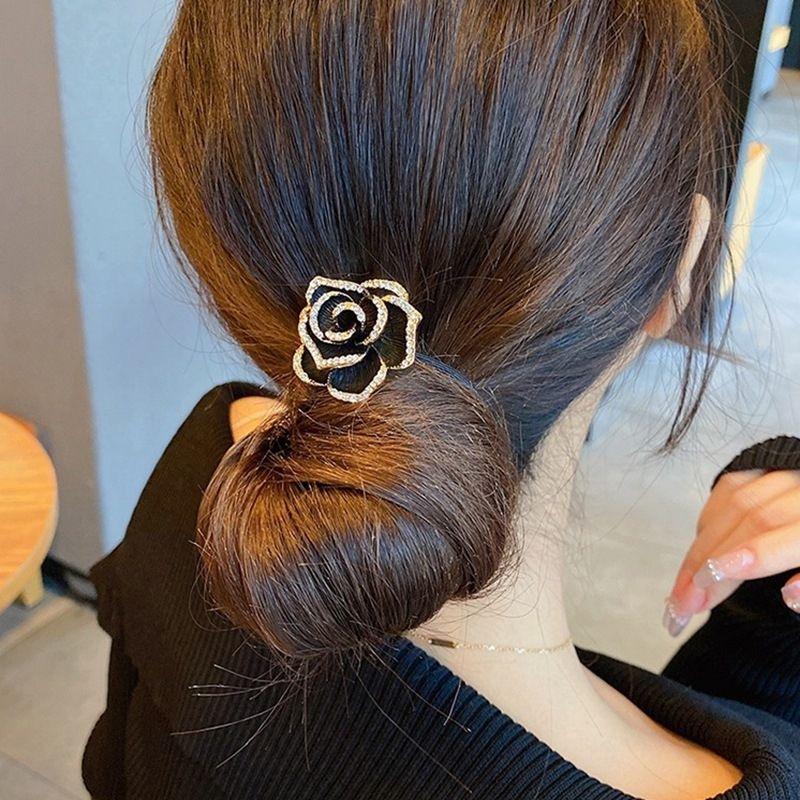 1Pcs Women'S Fashionable Tail Hair Bands Black High Elastic Tea Flower Hair Ties Versatile Stylish Hair Rings Premium Sensation