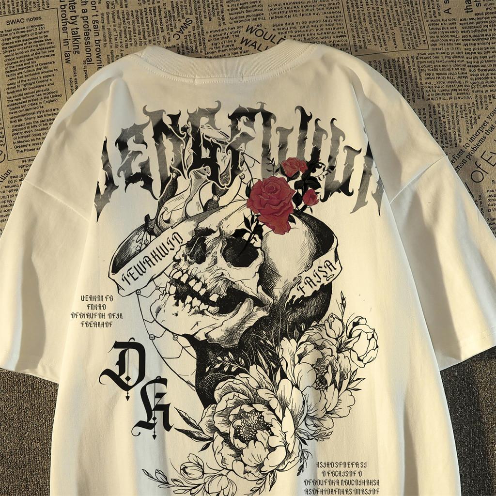 

Unisexs Oversized Skull Rose Print T Shirt Gothic Streetwear Short Sleeve Casual Graphic Tee for Summer S