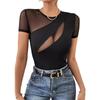 Spring and Summer Women's Sexy Solid Colour Short Sleeve Net Splicing Slim T-Shirt