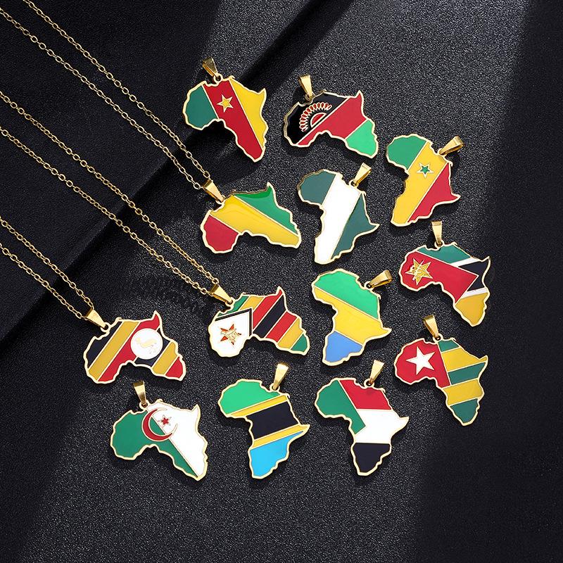 Edelstahl Afrikanische Karte Halskette: Elfenbeinküste, Ruanda, Ägypten, Uganda