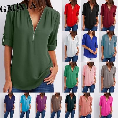 Women's Fashion Casual Solid Color Print  V Neck Blouses & Shirts