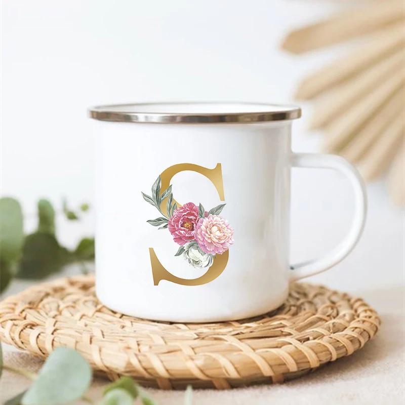Letter Floral Print Vintage Enamel Mugs Creative Coffee Tea Cup Drink Dessert Milk Cups Handle Drinkware Wedding Bridesmaid Gift