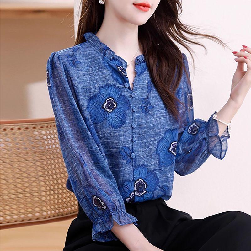 Women S Printed Chiffon Blouse 9 10 Sleeve Loose Fit Casual Shirt