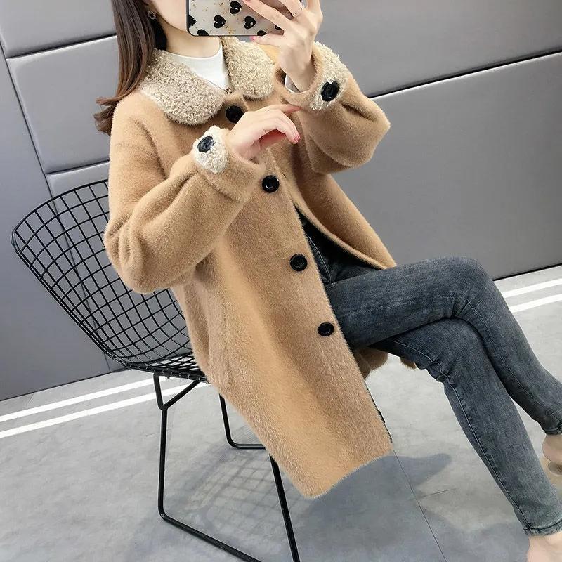 Imitação de vison veludo sólido gola virada casacos femininos coreano malha cardigan elegante manga longa topos outono outerwear solto feminino