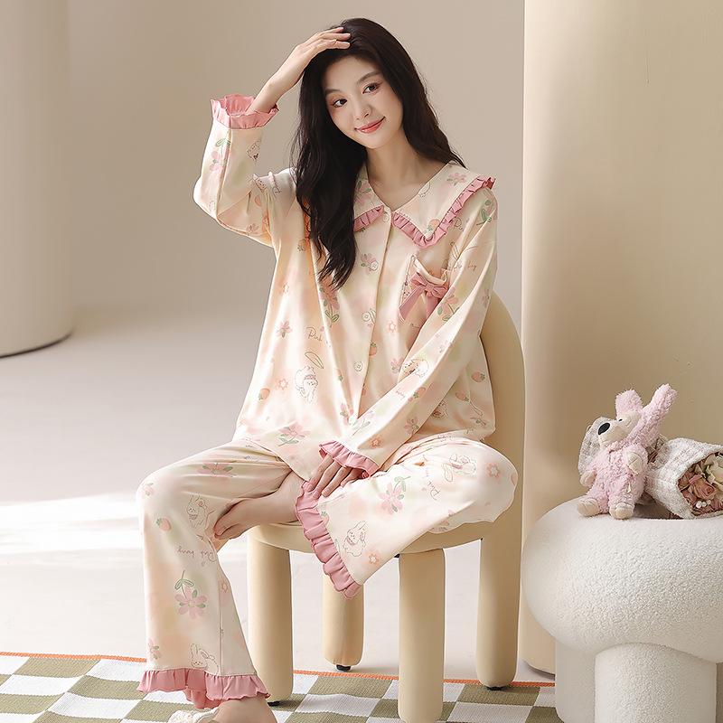 Women's Pure Cotton Pajama Set - Cute Princess Style, Long Sleeve Cardigan, Plus Size, Spring/Fall/Winter Home Wear