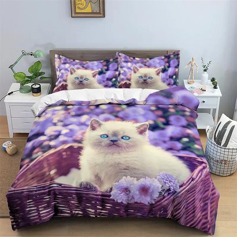 3D Cat Print Duvet Cover Floral Bedding Set Single Twin Double Queen King Cal King Size Bed Linen Set