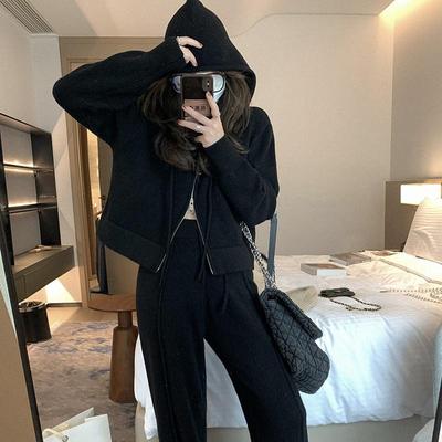 Frauen Frühling Herbst Und Winter Lose Mit Kapuze Pullover Strickjacke + Split Stricken Hosen Anzug Einfarbig Mode Lässig Zwei-stück Set
