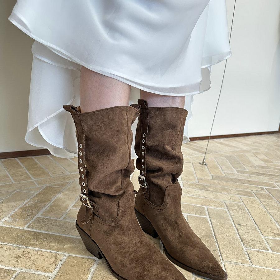 2025 new fashionable retro western cowboy boots women's pointed thick heel medium boots versatile and thin fashion short boots