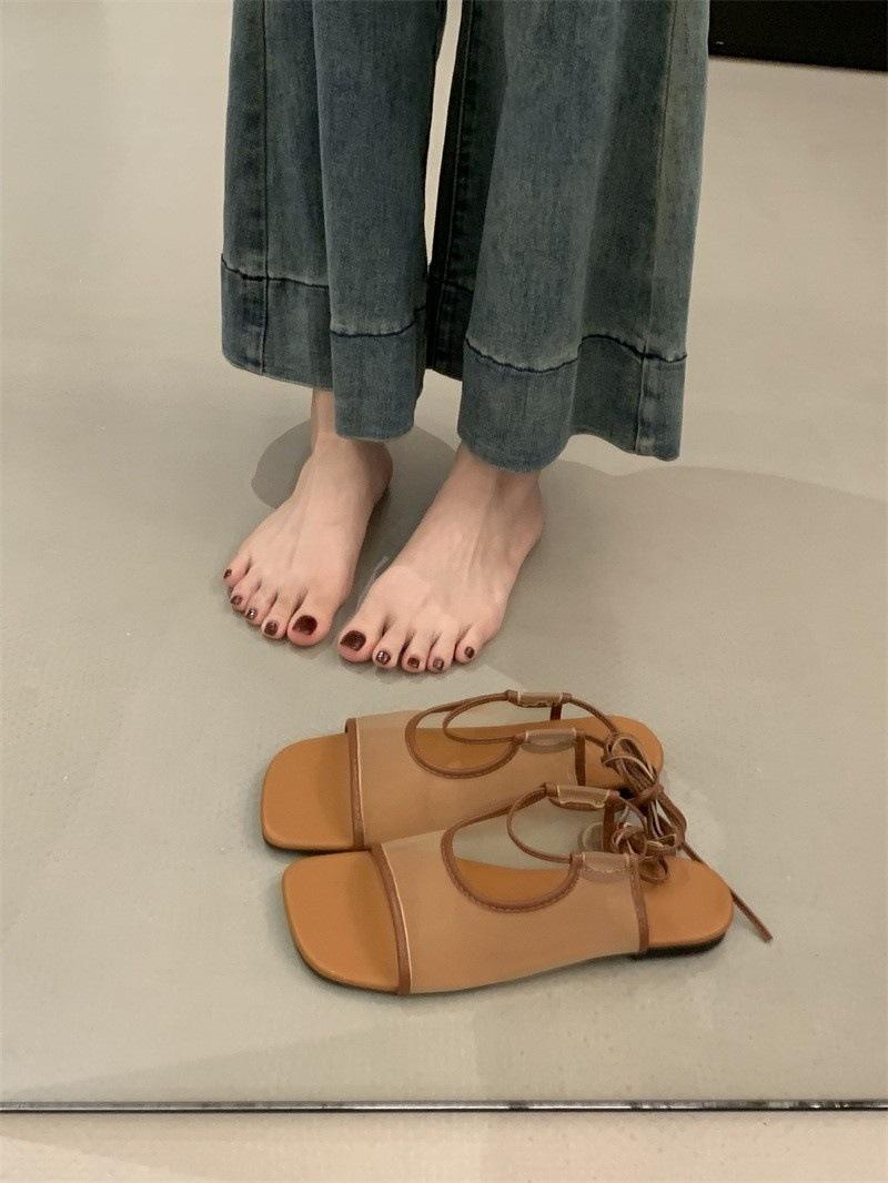 

Niche square head lace-up breathable mesh open-toed sandals summer new straps flat bottom sandals women 40 коричневый
