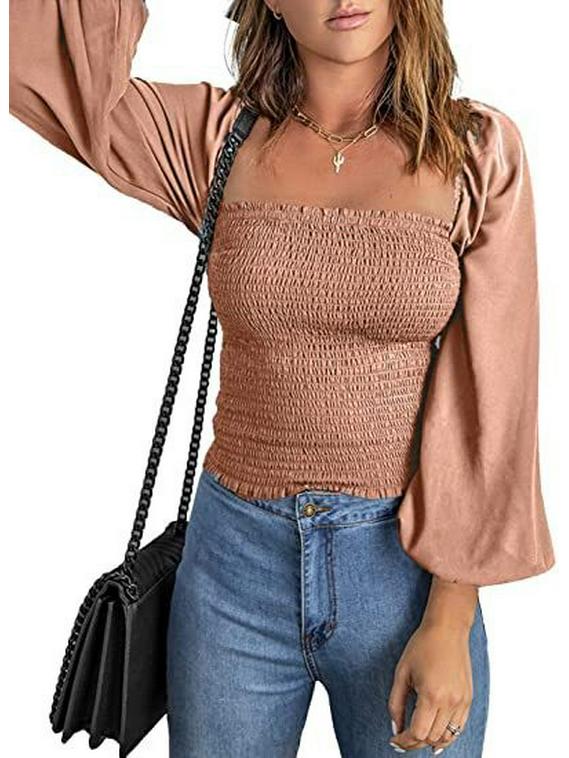 Women's Solid Color Square Neck Slim Fit Lantern Sleeve Pleated Top