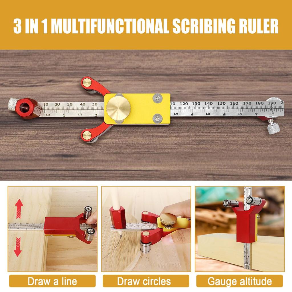 3 In 1 Woodworking Marking Gauge Parallel Line Scriber Arc Line Drawer Height Gauge Inch Measuring Tool