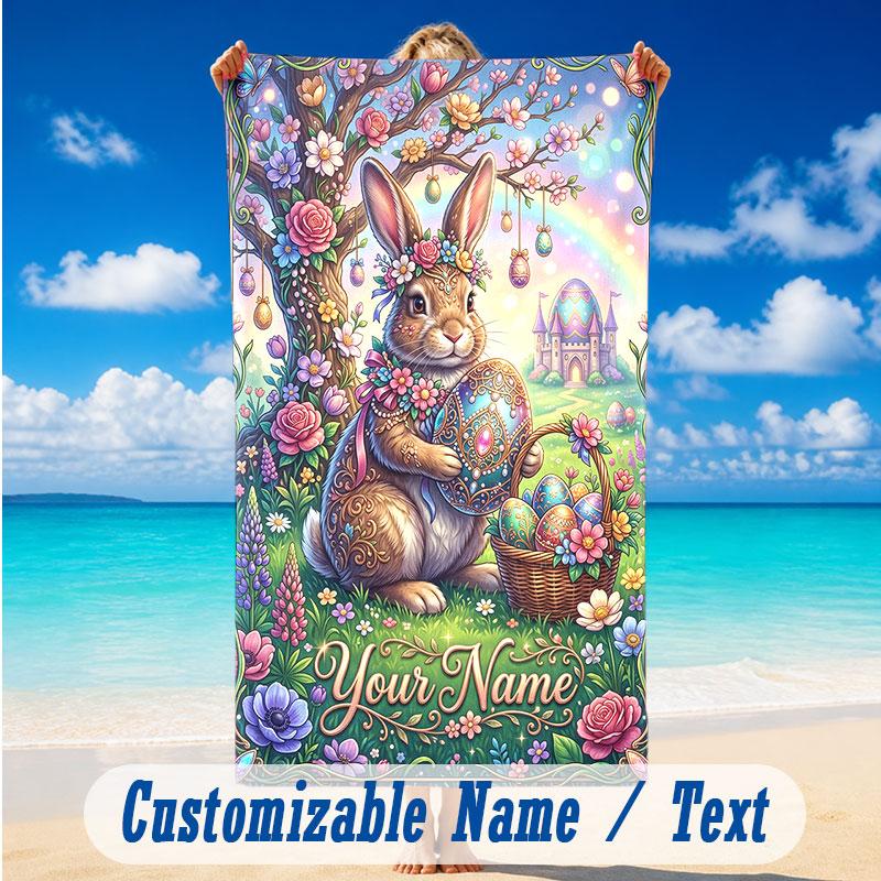 Easter Bunny Theme Beach Towel Personalized Custom Name & Text Soft Quick Dry Beach Towel for Swimming Travel