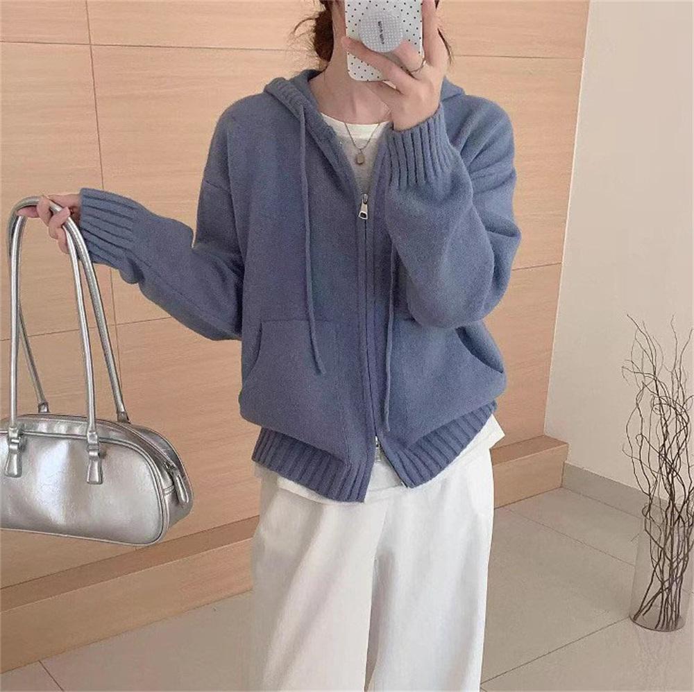 Solid-color Hooded Zipper Sweater Jacket, A New Laid-back Style Knitted Cardigan for Women In Autumn and Winter
