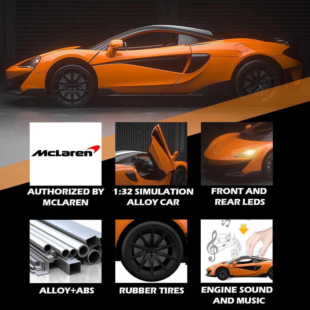 1:McLaren 600LT metallbilmodell i 32 skala, tilbaketrekkbare biler med lyd og lysdioder, Diecast billekebiler, bursdagsgave til gutter og jenter
