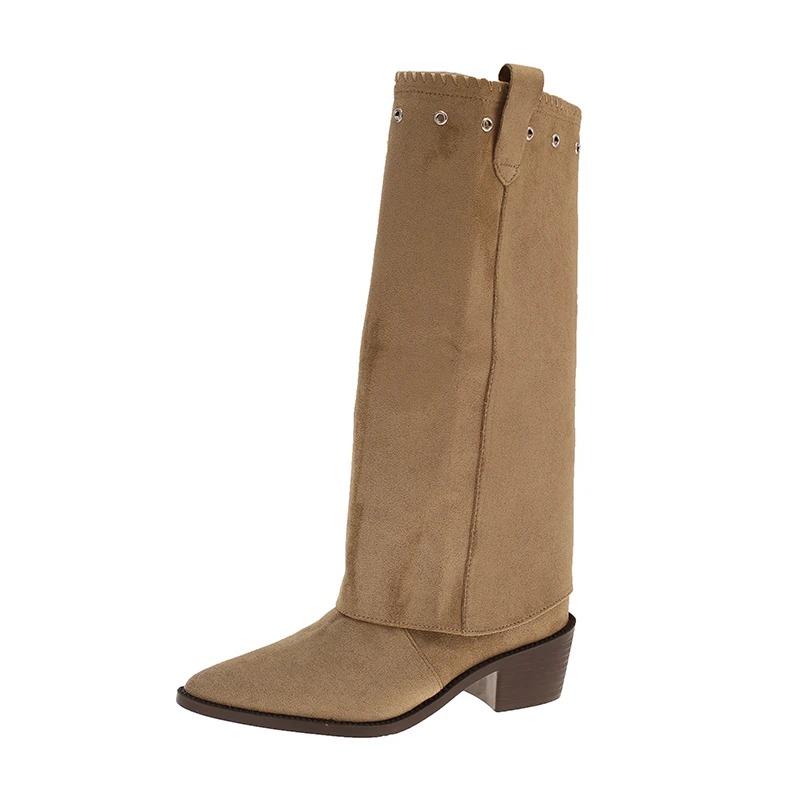 Fashion Vintage Thick Heel Women Western Cowboy Boots Designer Combination Splicing Shoes Autumn Winter Ladies Pipe Long Booties