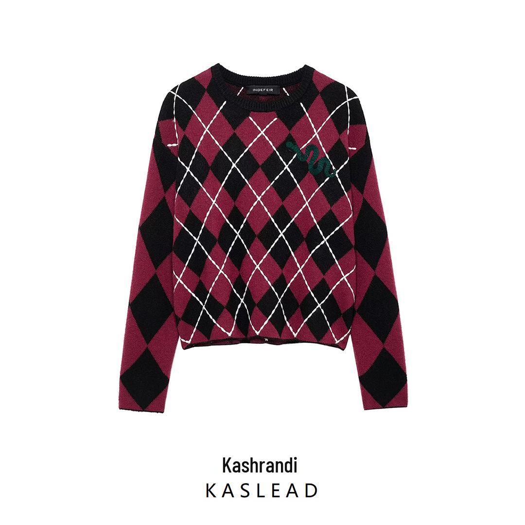 

2025 Spring Women s European & American Style Diamond Pattern Knitted Sweater Medium
