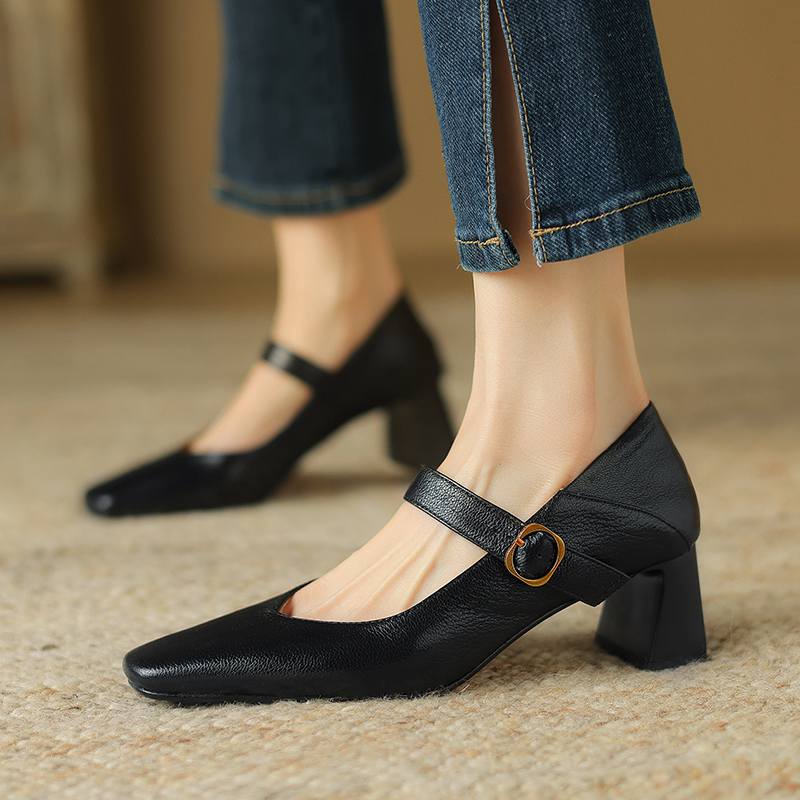 Krazing Pot Sheep Skin Square Toe Chunky High Heels Spring Summer Mary Janes Shoes Vintage Plus Size 42 Women Pumps