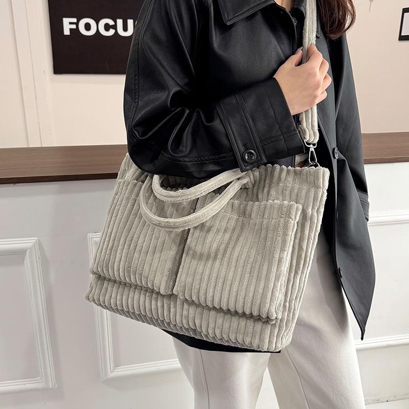 Simple Solid Color Corduroy Shoulder Bags for Women Large Capacity Ladies Multi-Pocket Tote Handbags Student Crossbody Bag