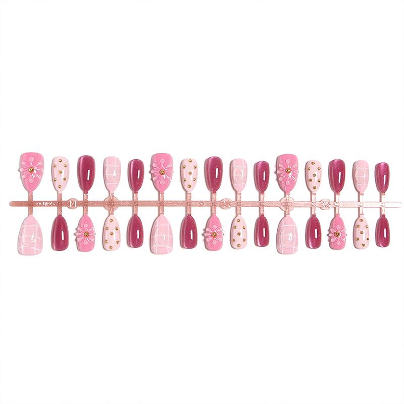 Handmade Almond Powder Pink 3D Floral False Nails - Stylish Cross-border Wearable Tips