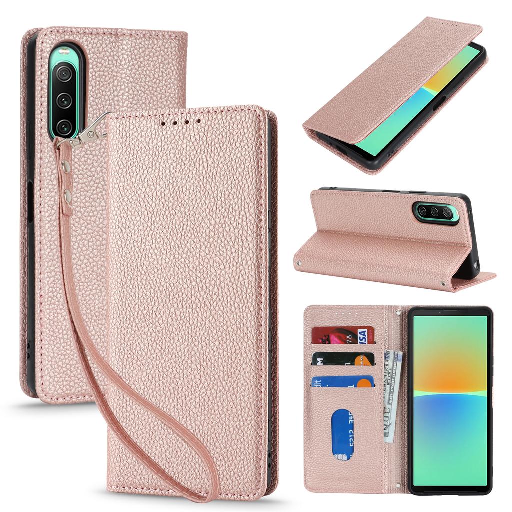 For Sony Xperia 10 IV 5G Case Stand Wallet Litchi Texture Leather Flip Phone Cover with Strap