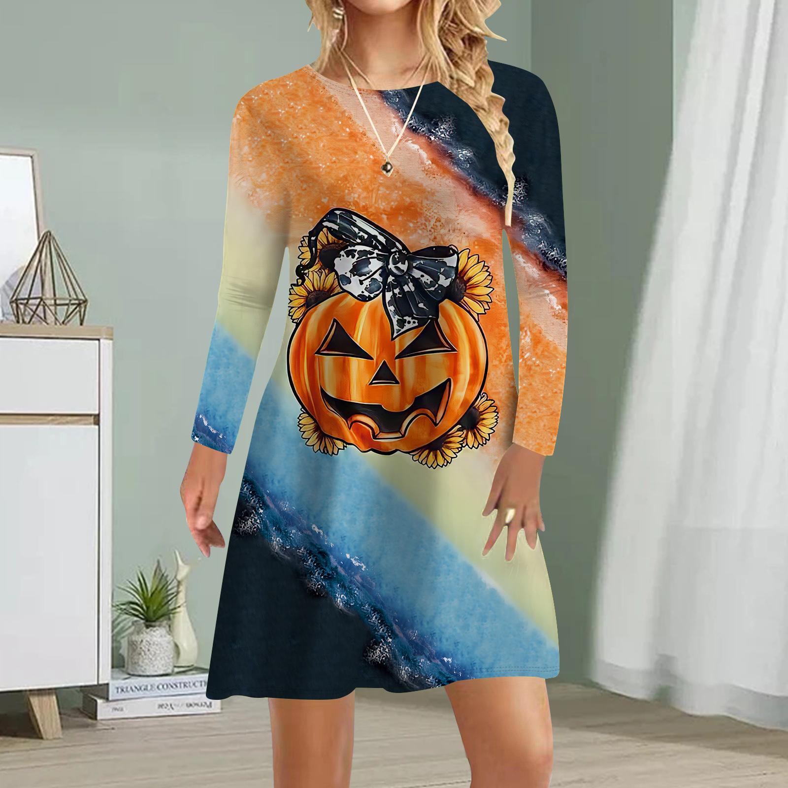 

Женское повседневное платье Осенние платья с принтом на Хэллоуин для женщин Платье с коротким рукавом и круглым вырезом Плюс Размер 8XL разноцветный