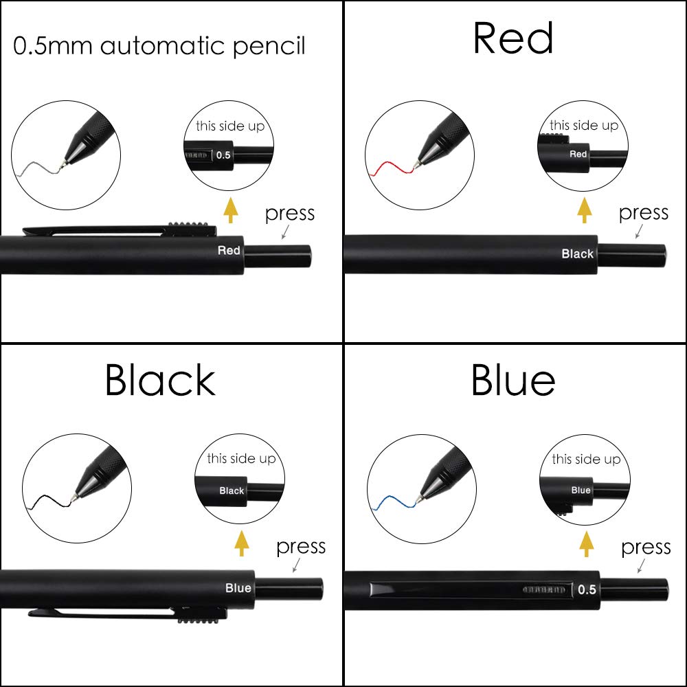 SMTTW Ballpoint Ballpoint Ballpoint Ballpoint Pen Automatic Black Multi-Function Pen, 4-Color Pen, Multi-Color Pen, 1.0mm Refill, 0.5mm Pen,