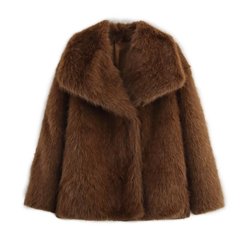 Damen Kunstpelz Kurzmantel Winter Streetwear Oversized Lockerer Schnitt Einreiher Jacke Schwarz Beige Weinrot Grau