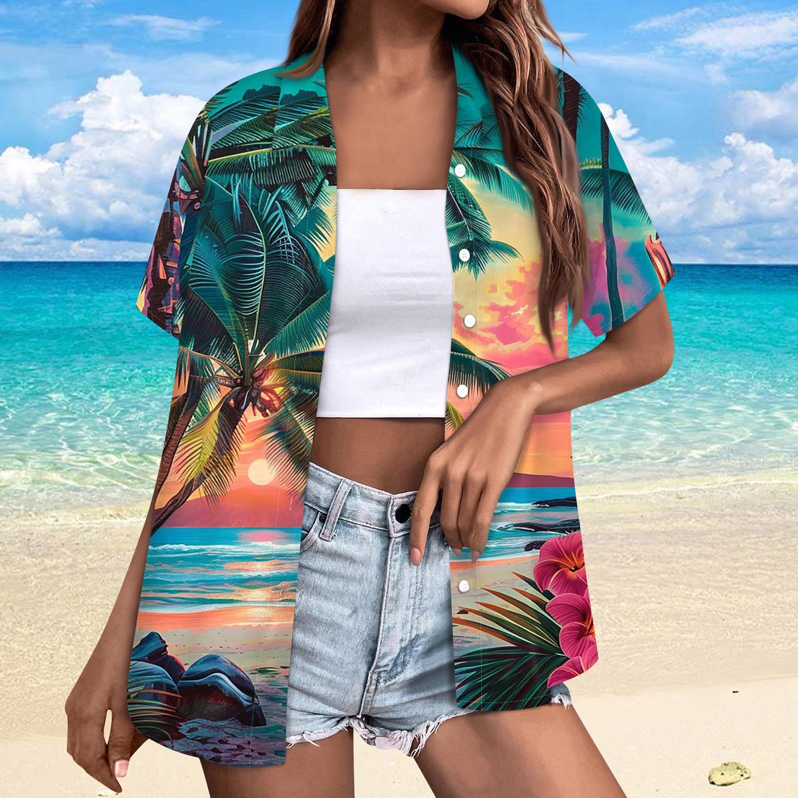 Women s Fashion Casual Hawaiian Tree Print Short Sleeve Button Lapel Shirt Tops M зелёный