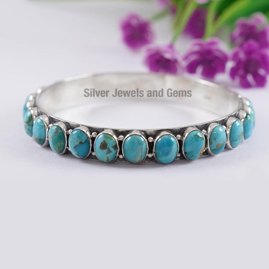 Natural Arizona Turquoise Bangle , Turquoise Bangle, Oval Gemstone Bangle, 925 Sterling Silver Multi Stone Bangle, Wedding Bangle