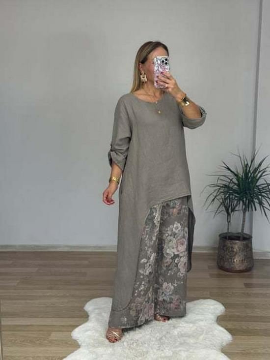 2025 Women's Casual Cotton Linen Irregular Top & Wide-Leg Pants Set with Pockets
