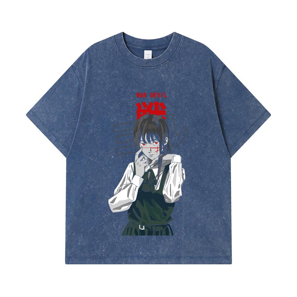 

275 GSM Washed T-shirts 100% Cotton Chainsaw Man V58 War Devil Print Unisex Heavy Cotton T Shirt 2XL королівський синій колір