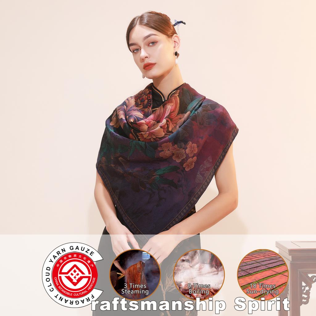 Fragrant Cloud Yarn Purple Flower Design 42x42 Inch Elegant Xiangyun Silk Square Scarf for Women Daily Use