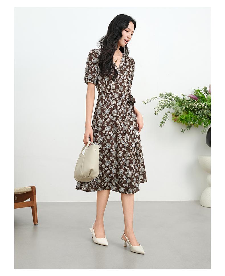 JUZUI Elegant Commuting Style Printed Strap Waist Dress Summer New Style