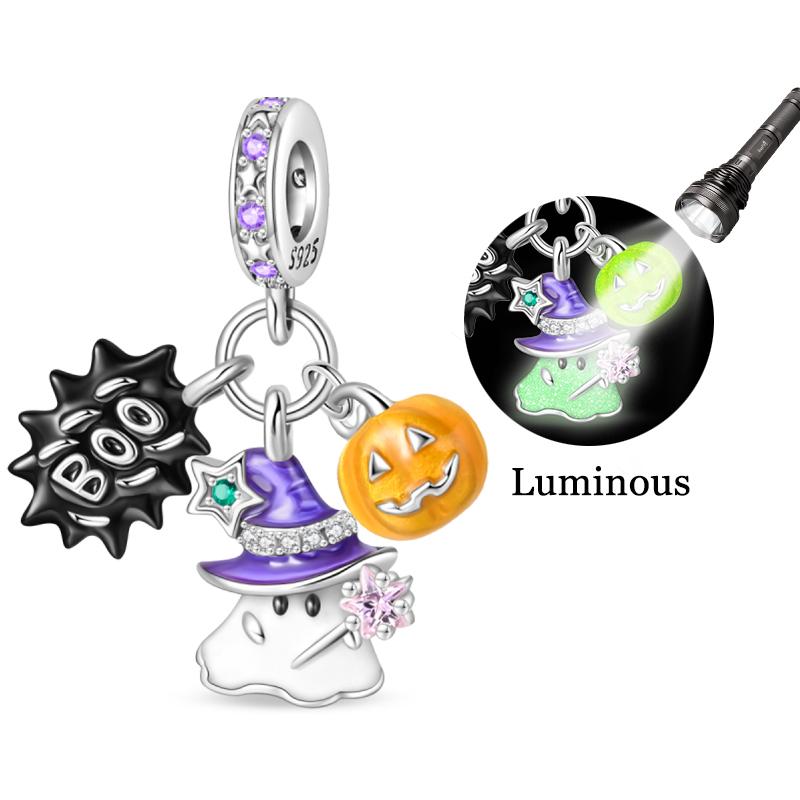 New Halloween Charms Beads 925 Silver Red Rose Black Butterfly Spider Luminous Skull Pendant For Bracelet DIY Jewelry Gifts