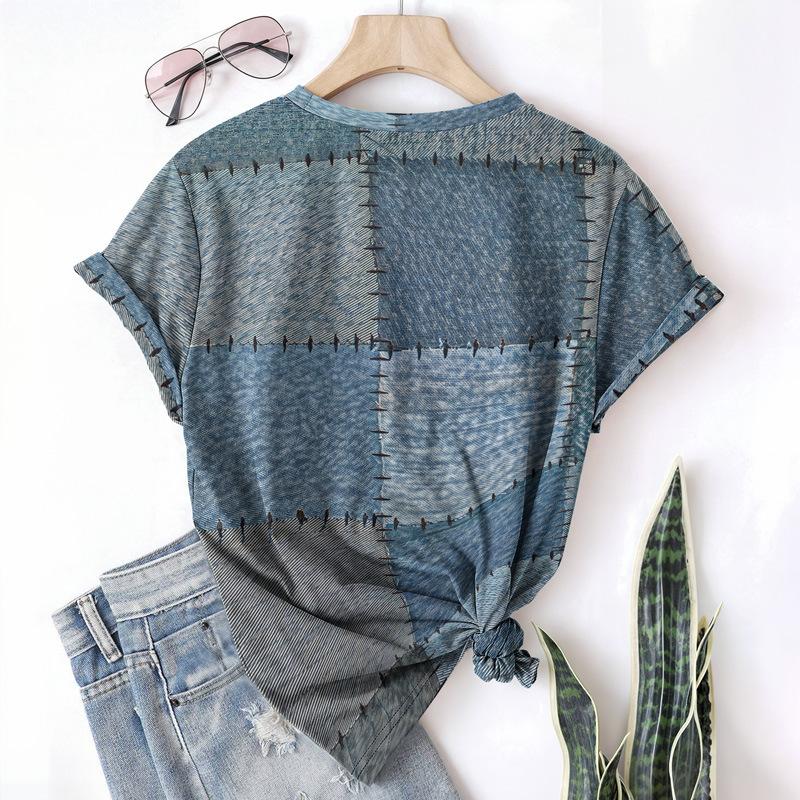 Letní dámské tričko s krátkým rukávem, kulatým výstřihem, patchworkovým džínovým vzorem a 3D potiskem