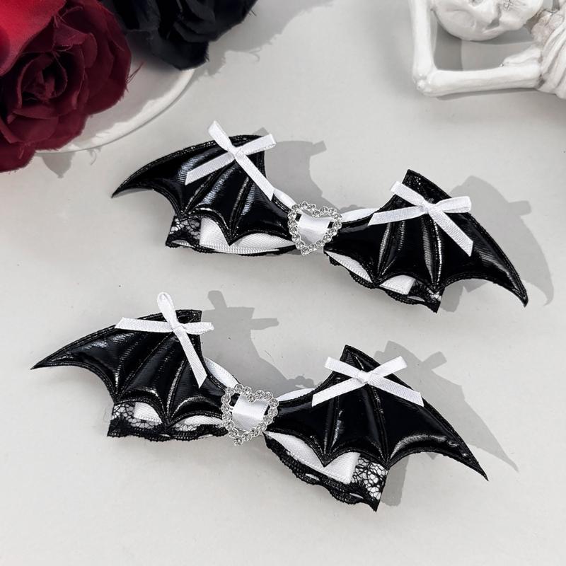 Dark Holiday Hair Barrettes, 1 Pair Halloween Winged Ribbon Design With Heart Detail and Lace Trim for Party Looks