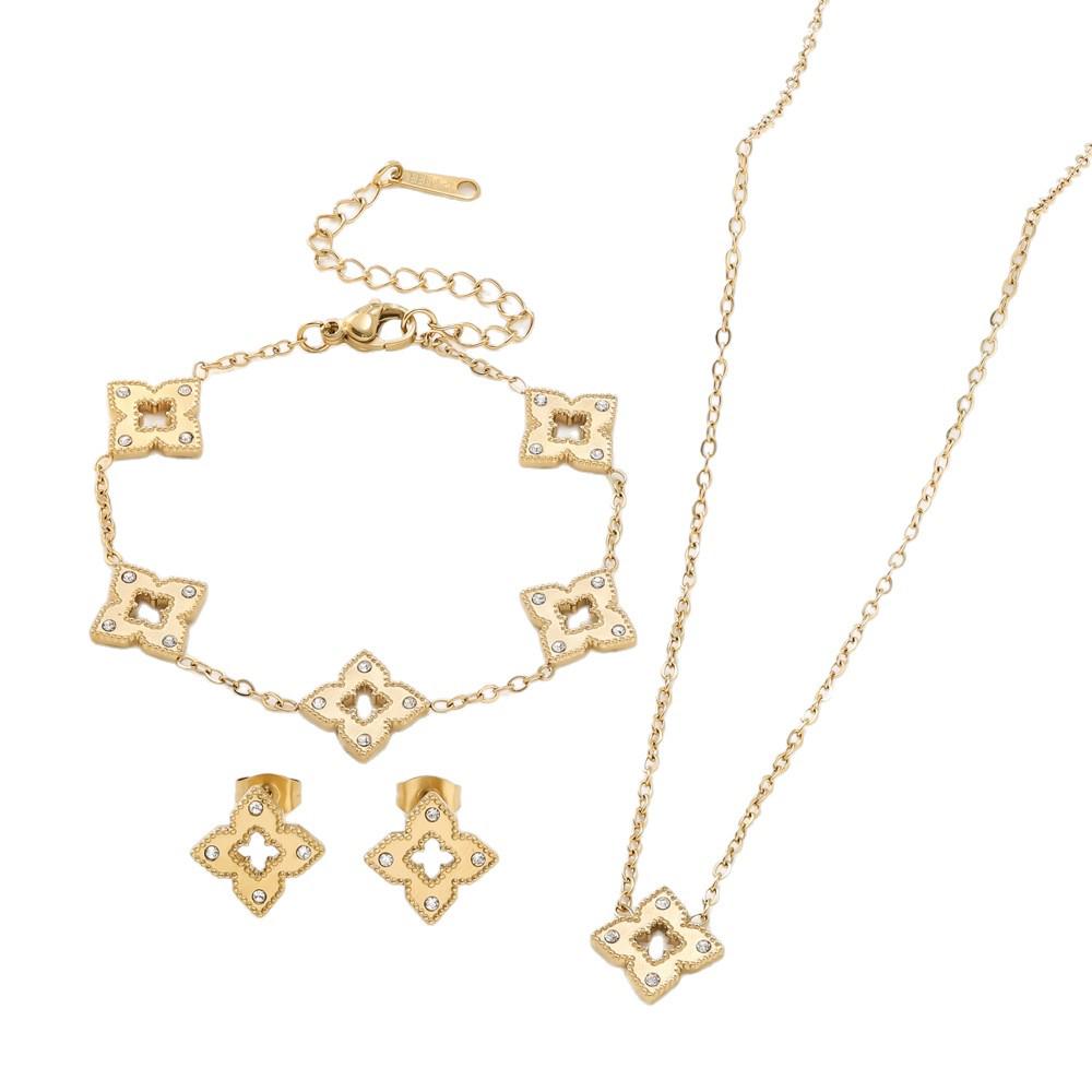 Elegant Titanium Steel Clover Jewelry Set - Necklace, Bracelet, and Earrings in Four-Leaf Design with Micro-Inlaid Details for Women.
