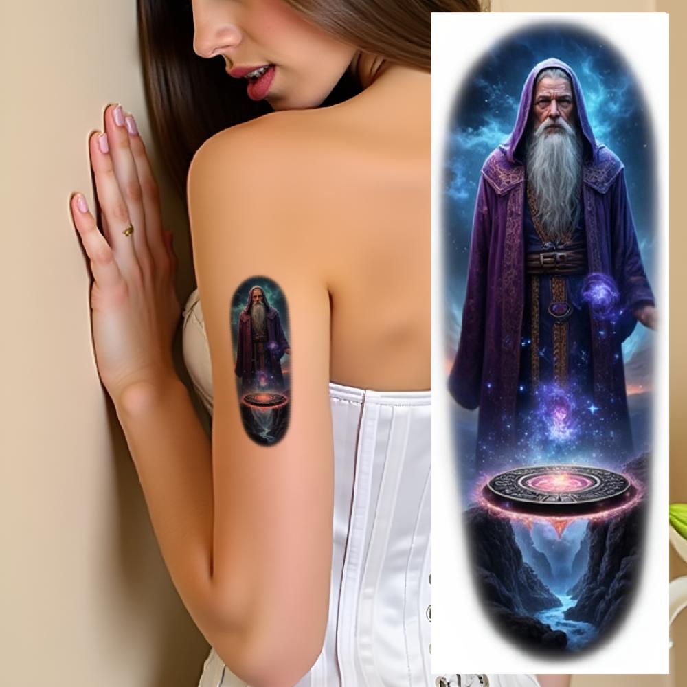 9pcs Temporary Tattoo Colorful Realism Alien Woman With UFO Wizard With Staff Dark Warrior With Scythe For Adult Arms Male