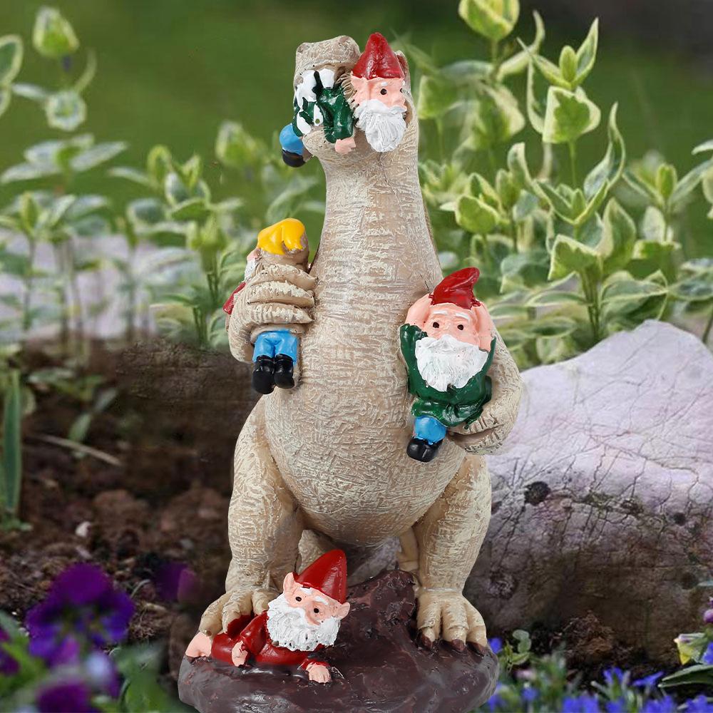 Garden Dinosaur Sculpture Outdoor Dinosaur Eating Gnome Statue Resin Figurine Art Decor for Indoor Outdoor Home Decoration