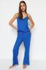 Women's Fashion Blue Lace and Ribbon Bow Detailed Viscose Knitted Pajama Set with Rope Strap