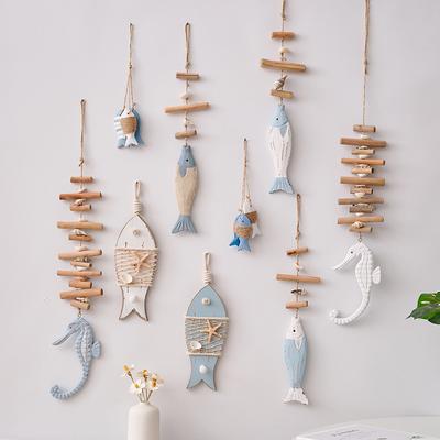 1pc Creative Mediterranean Fish Pendant Wood Carving Figurine Ocean Theme Accessories Shell Wall Hanging Home Decoration