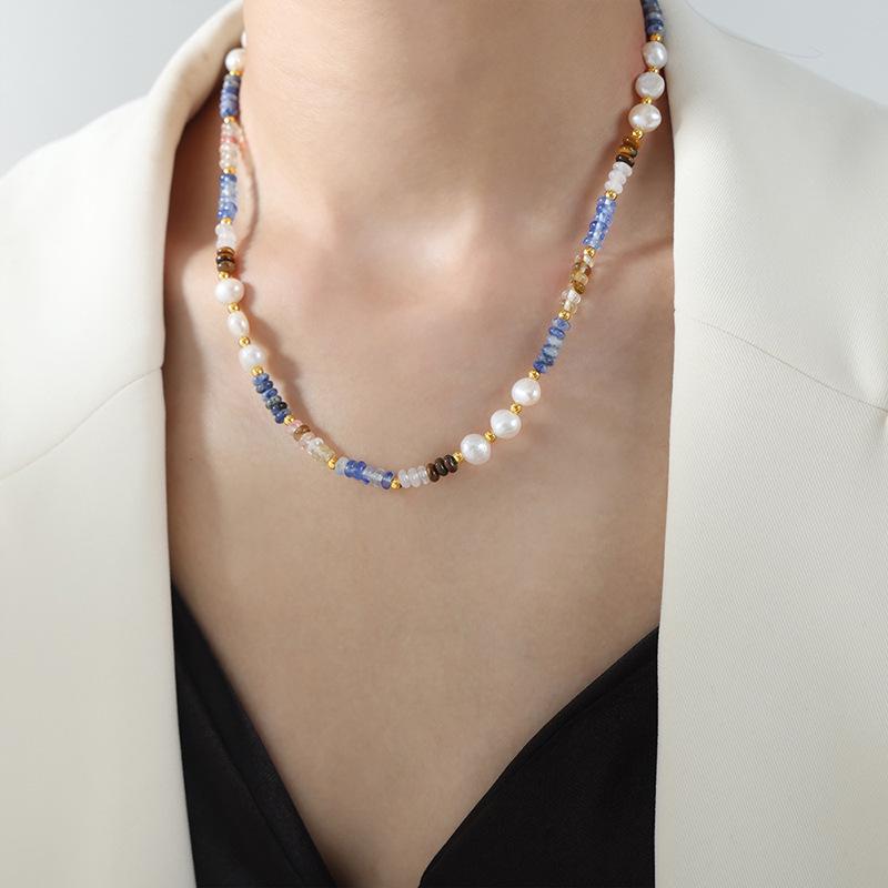Colorful Freshwater Pearl & Natural Stone Beaded Necklace - Titanium Steel, Versatile & Stylish for Women