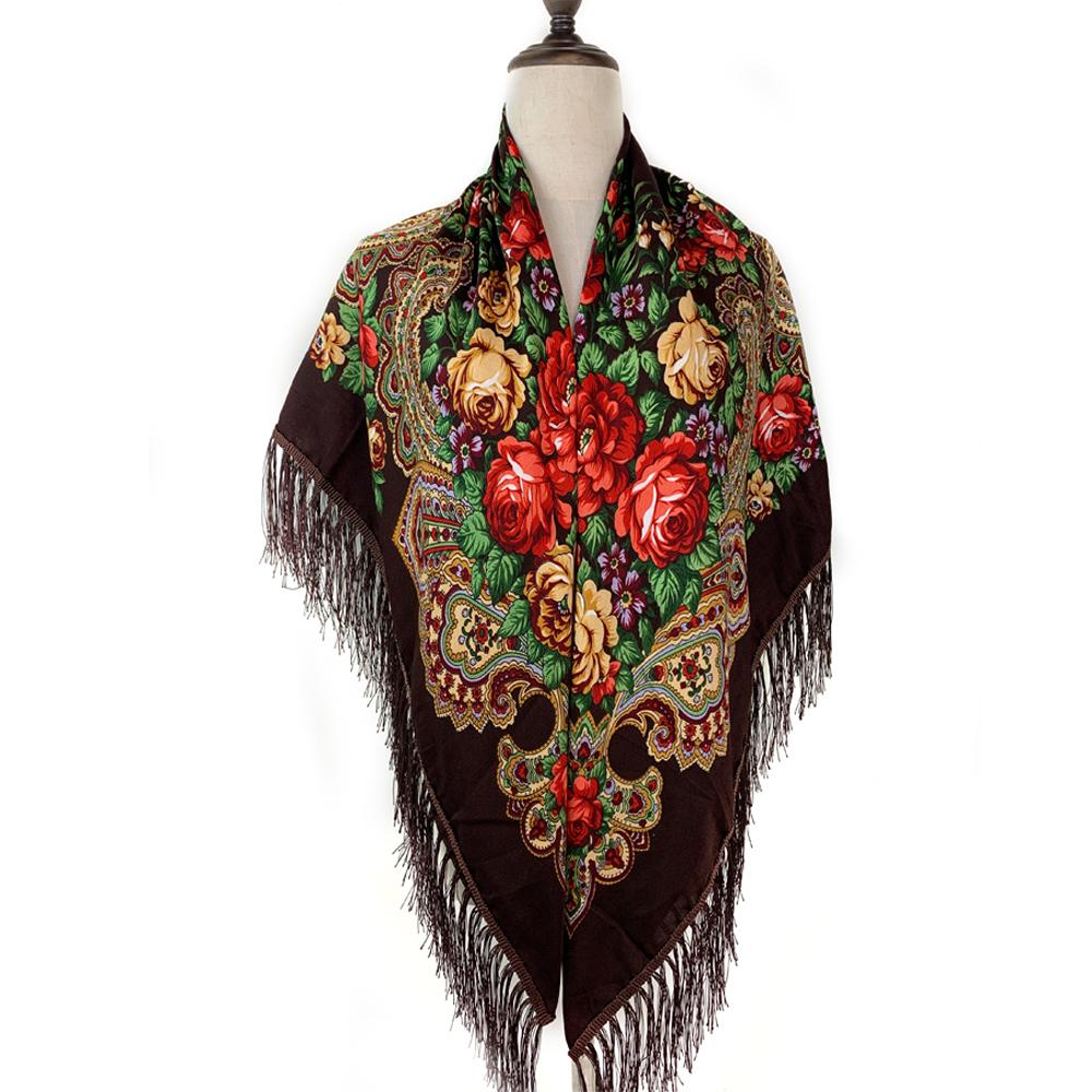 135*135Cm Russian Style Square Scarf For Women Luxury Floral Print Bandana Head Scarves Lades Fringed Shawl Headwraps Foulard