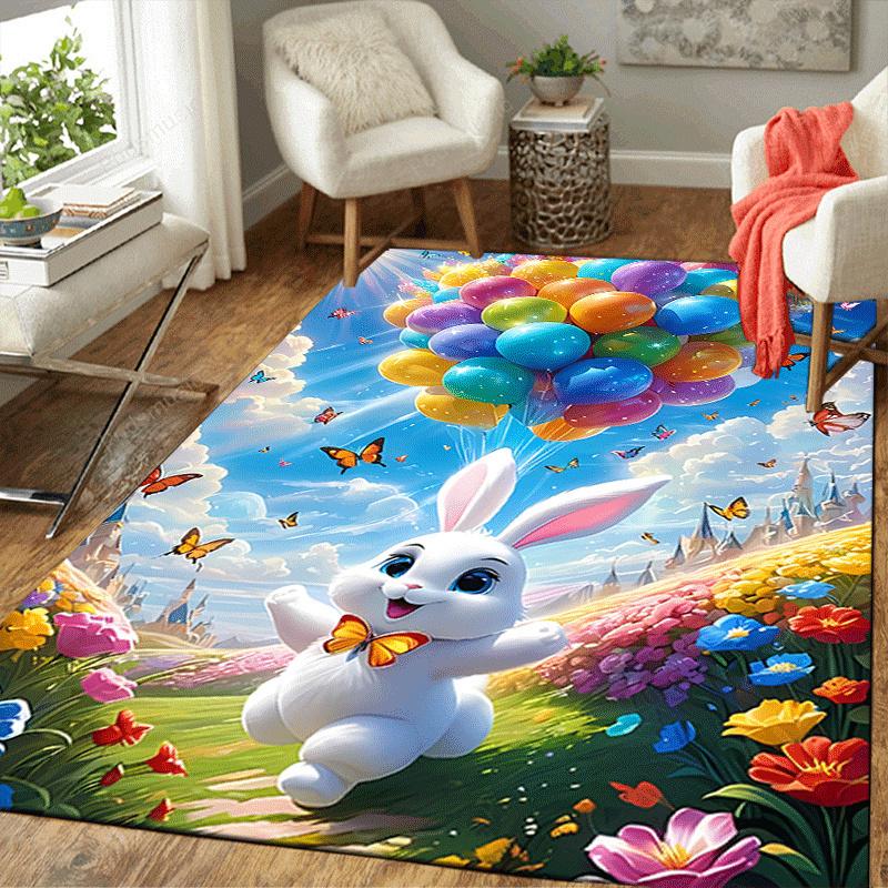 1pc Balloons and white rabbit Design Indoor Area Rug - Soft, Anti-Slip, and Durable Gaming Room Decor for Bedroom