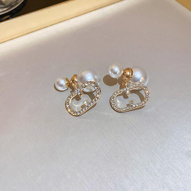 Faux Pearl Two-sided Shell Zircon Earring Elegant Fashion Women Shiny Crystal Imitation Pearl Handmade Earrings Party Jewelry Gift