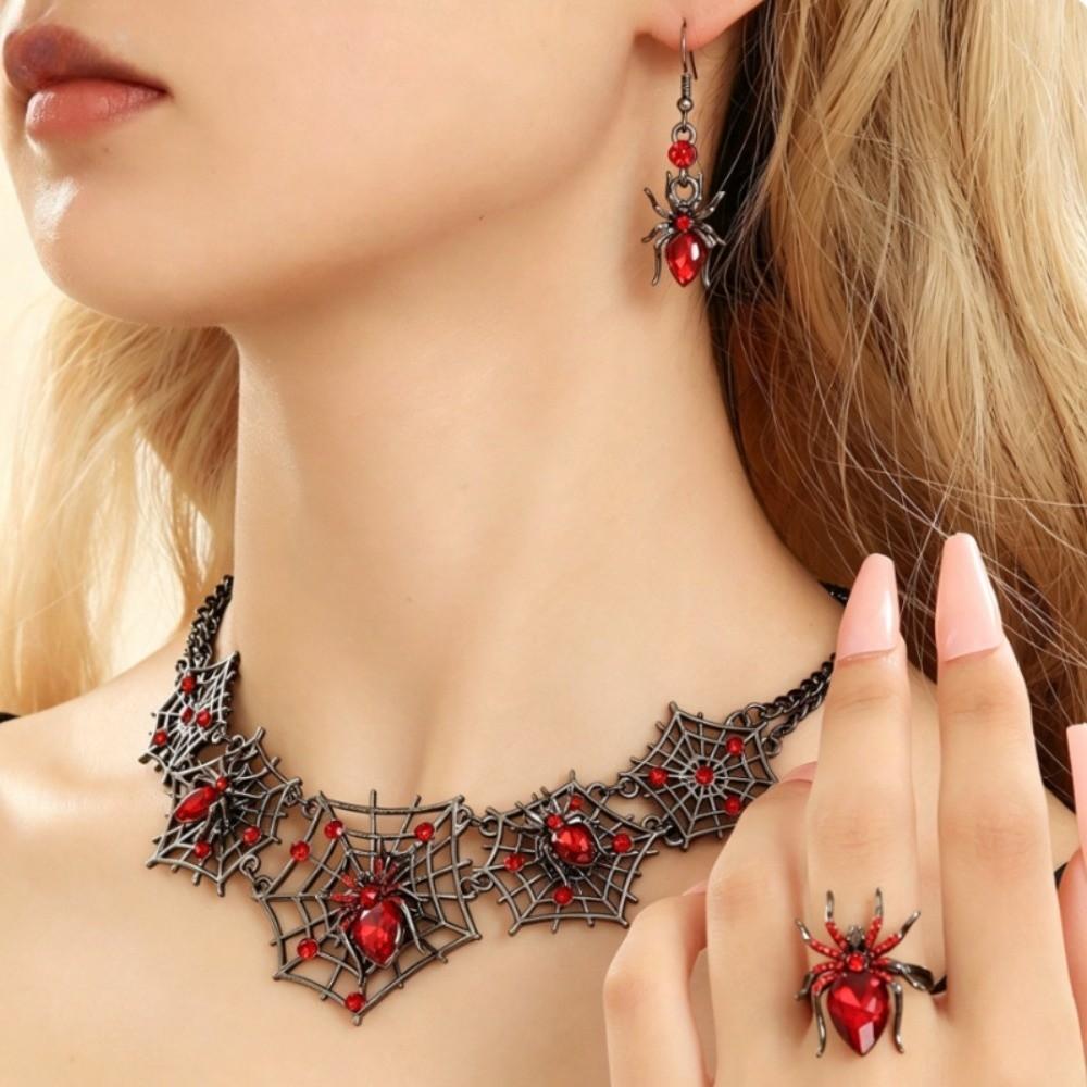 3pcs with Inlaid Glass Halloween Pendant Earrings Gothic Style Punk Hollow Necklace Gift