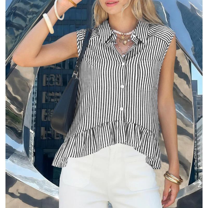 Camicia da Donna a Righe Senza Maniche con Bottoni, Orlo Arricciato e Taschino sul Petto, Top Estivo Casual Multicolore