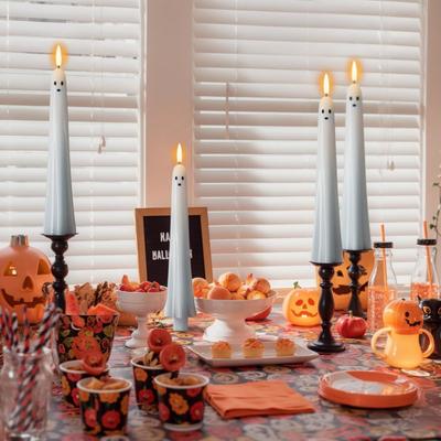 2/4Pcs Halloween Ghost Candle Light with Remote Timer Battery Powered Flickering Flameless Taper Candle Lamp Home Office Holiday Party Table