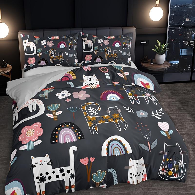 High-Definition Printed Casual Cat Flower Quilt Cover Set Soft Breathable Ideal For Home Dormitory 1 Quilt Cover+2 Pillowcases