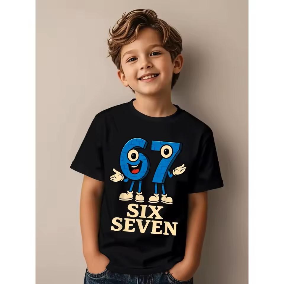 Cartoon 67 Print Kinder T-Shirts Sommer Mode Kurzarm Lässig Rundhals Oberteile für Jungen und Mädchen T-Shirts Top